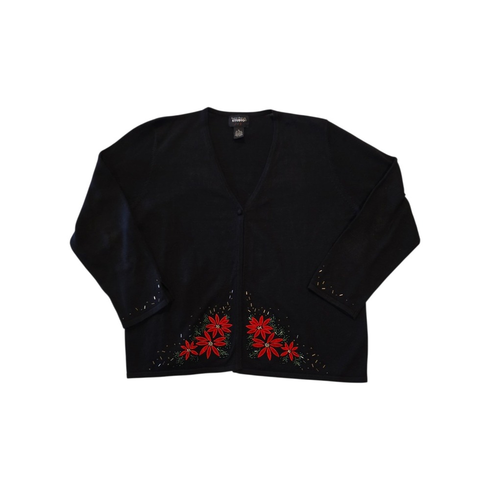 Studio JOY Poinsettia Christmas Cardigan Womens XL Beaded Holiday Sweater